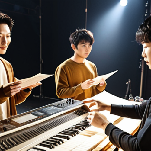 Home 4 **"Backstage scene of Song Joong-ki's concert. Focus on the artist preparing with his team, checking costumes and rehearsing, warm lighting, motivational atmosphere, high detail."**