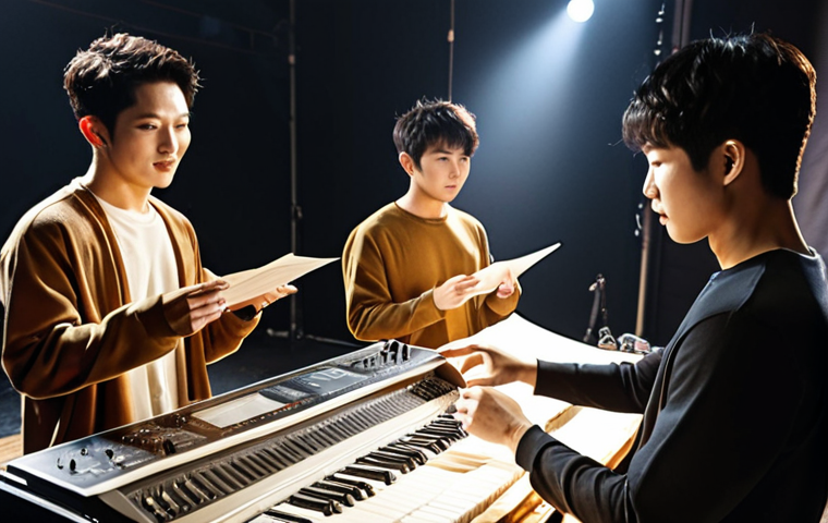 **"Backstage scene of Song Joong-ki's concert. Focus on the artist preparing with his team, checking costumes and rehearsing, warm lighting, motivational atmosphere, high detail."**