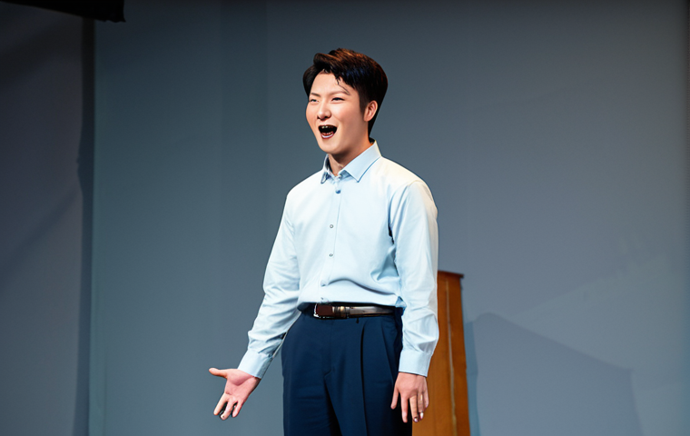 A young Korean comedian, Yang Se-Hyung, in modest, professional stage attire, performing an energetic stand-up routine on a well-lit, humble comedy club stage. He has a passionate expression and is using dynamic, natural gestures, conveying his raw talent and indomitable spirit. The background features a subtly blurred audience. Professional photography, high quality, natural lighting, fully clothed, appropriate attire, safe for work, appropriate content, family-friendly, perfect anatomy, correct proportions, natural pose, well-formed hands, proper finger count, natural body proportions.